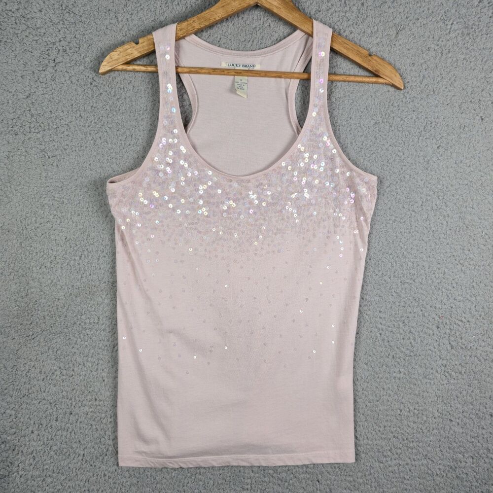 Lucky Brand Womens Tank Top S Pink Sequin Racerback Ombré Sparkle Party Layering
